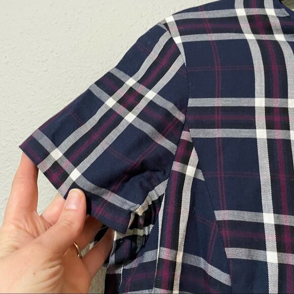 Halogen Blue Plaid Dark Academia Sheath Dress Womens MP Short Sleeve Peplum - Picture 3 of 8